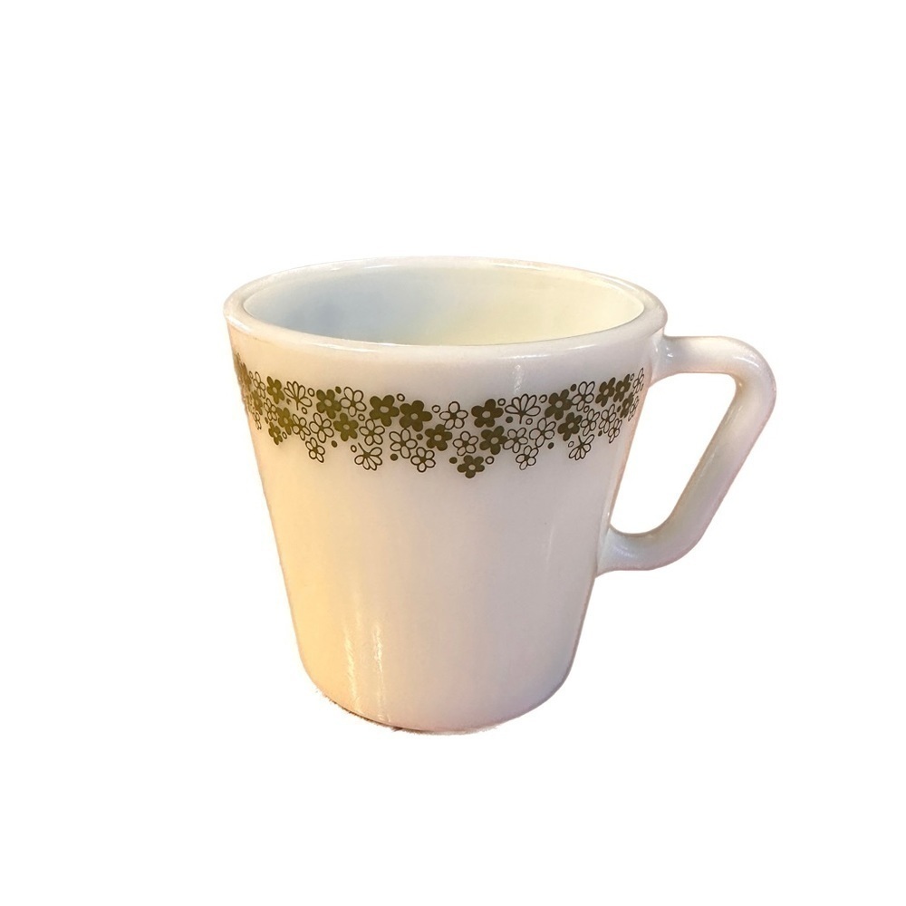 Pyrex Milk Glass Coffee Mug Green Flowers Spring Blossom Crazy Daisy Cup